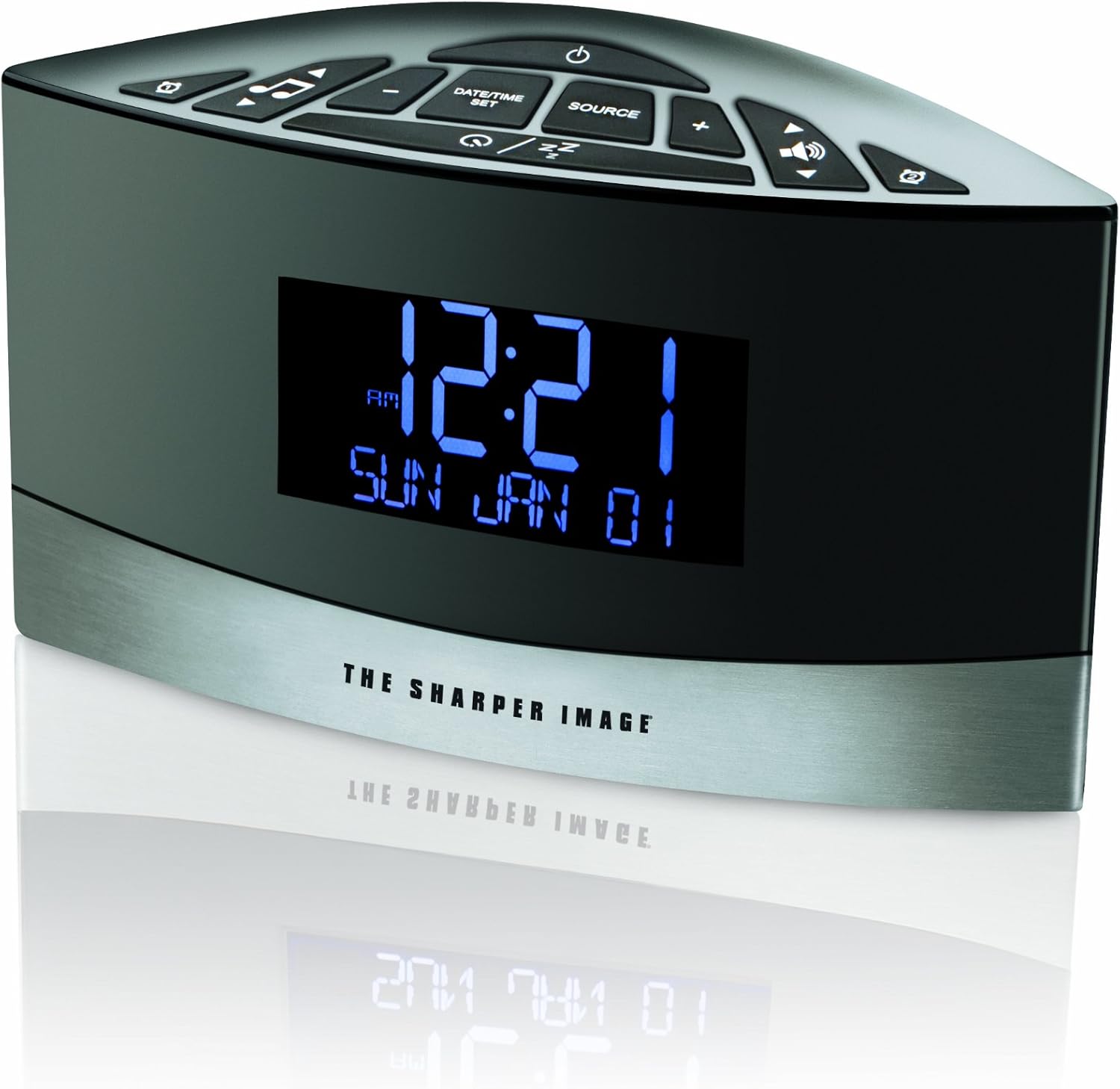 Sharper Image Sound Soother White Noise Machine EC-B150 front view showing digital clock display.
