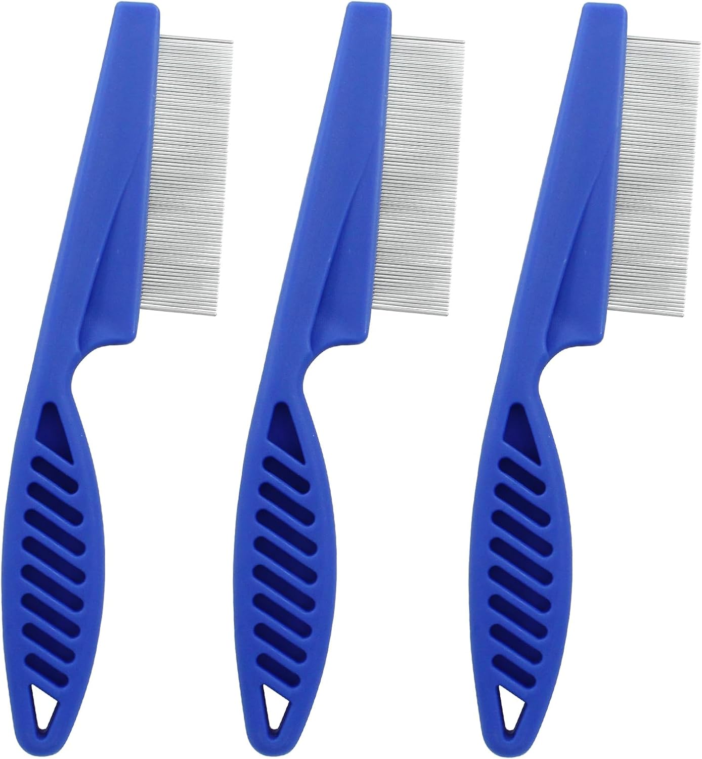 Three pack of blue metal pet combs for removing ticks and flea eggs.