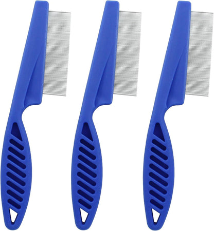 Three pack of blue metal pet combs for removing ticks and flea eggs.