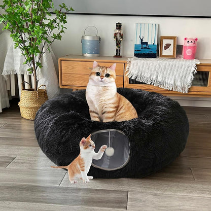 Multi-way cat activity tunnel with dangling toy and peek-a-boo window