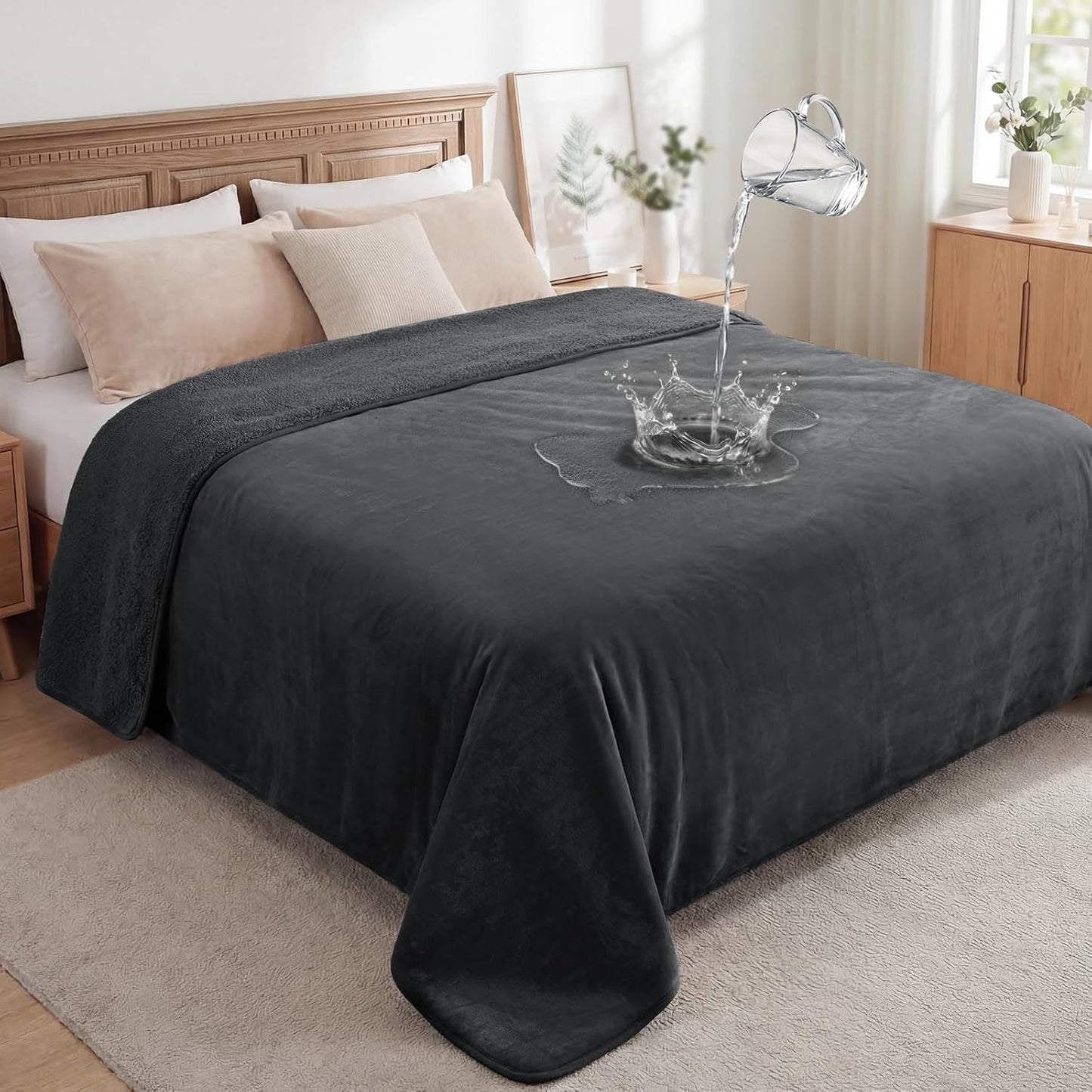 LOOBANI Waterproof Blanket Queen King Size front view on a modern bed showing grey flannel fabric.