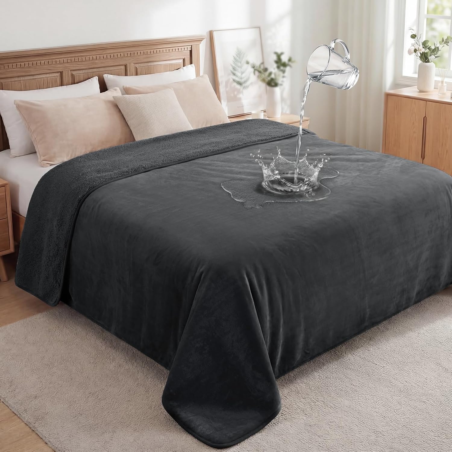 LOOBANI Waterproof Blanket Queen King Size front view on a modern bed showing grey flannel fabric.