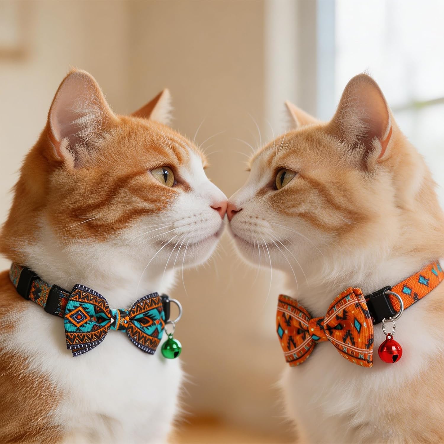 Detailed shot of the attached metallic jingle bell and decorative bow tie on the Aztec cat collar.
