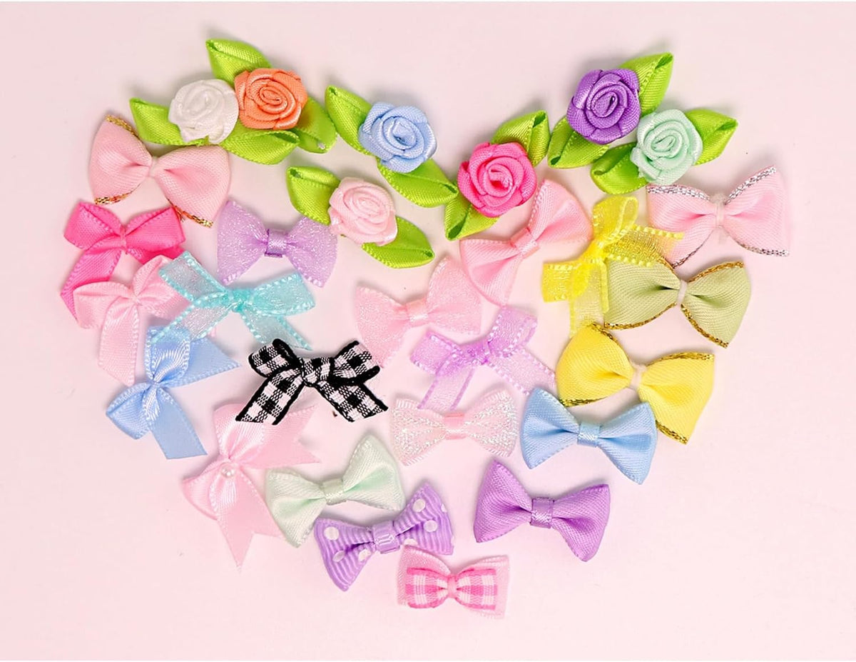 Assorted fabric bows for miniature pet figures in various patterns