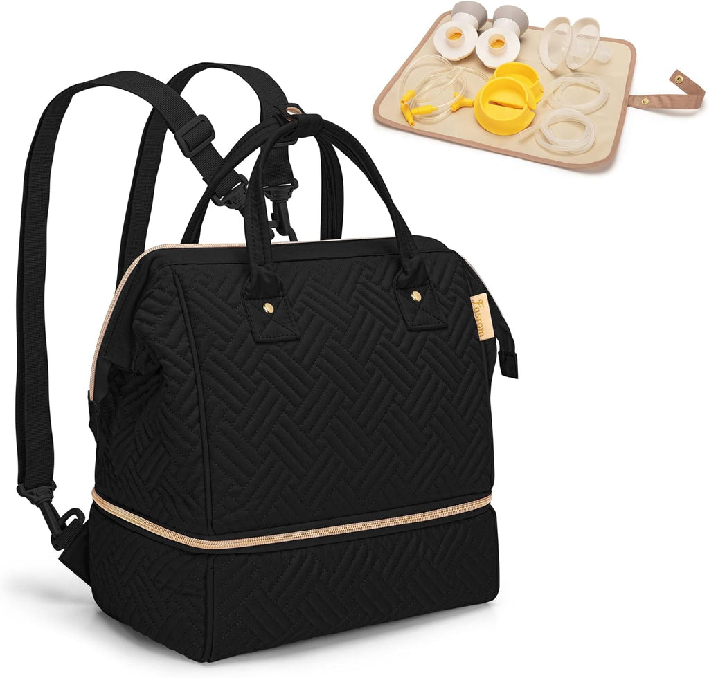 Fasrom small breast pump bag backpack front view in black quilted polyester