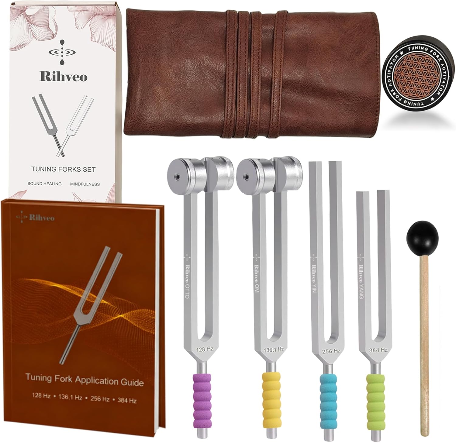 Rihveo tuning forks for healing set front view displaying four aluminum alloy frequency instruments