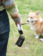 Gobeigo black polyester poop bag dispenser with its included 15 unscented bags and metal carabiner clip