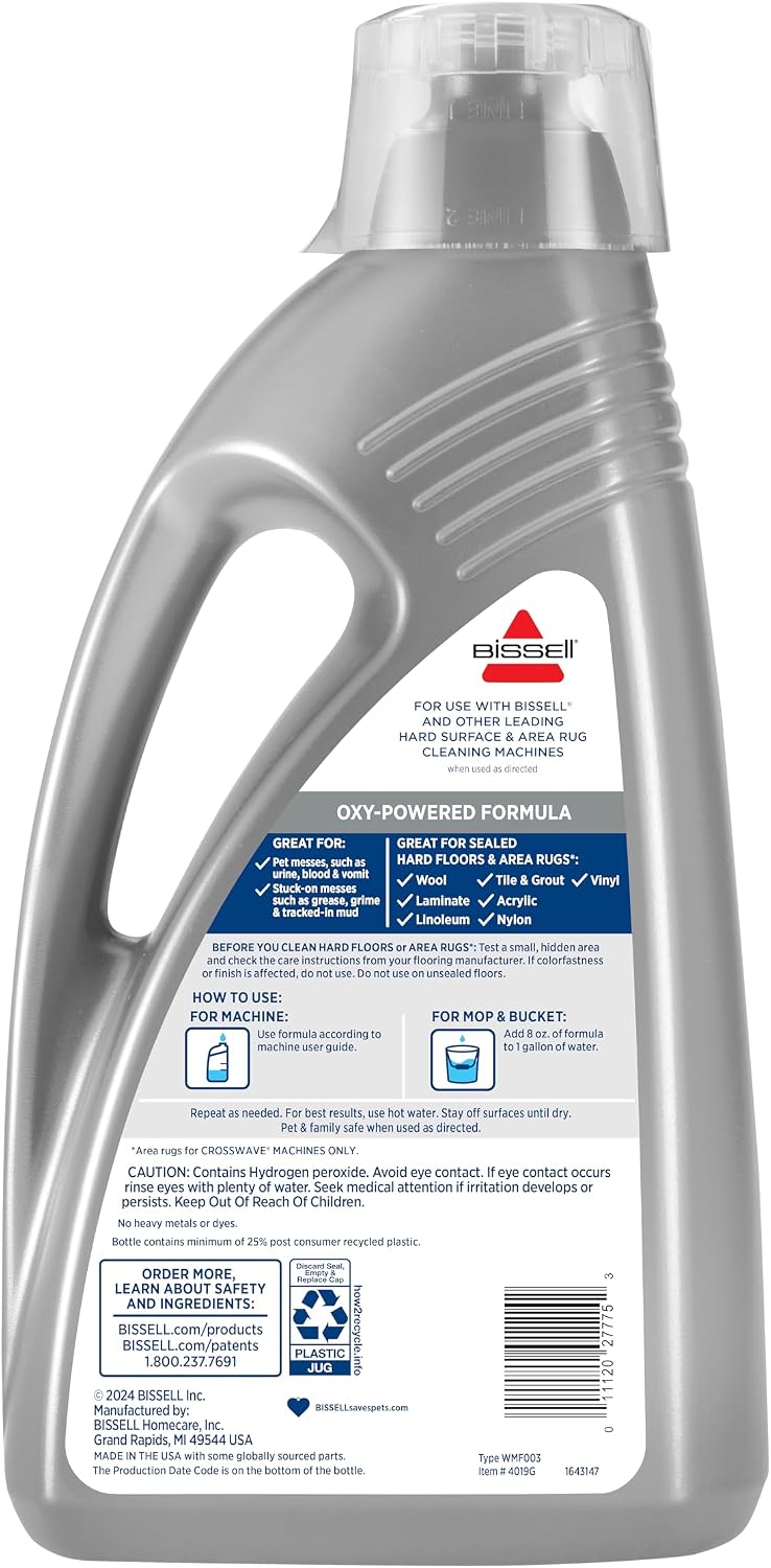 Bissell Pet Pro Oxy cleaning solution bottle showcasing patented pet odor elimination technology
