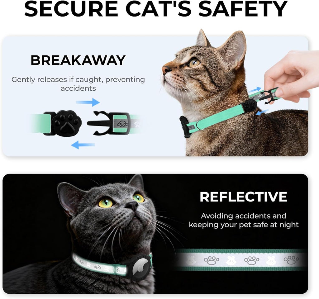 Close-up view of the green tracking cat collar highlighting the quick-release safety breakaway buckle