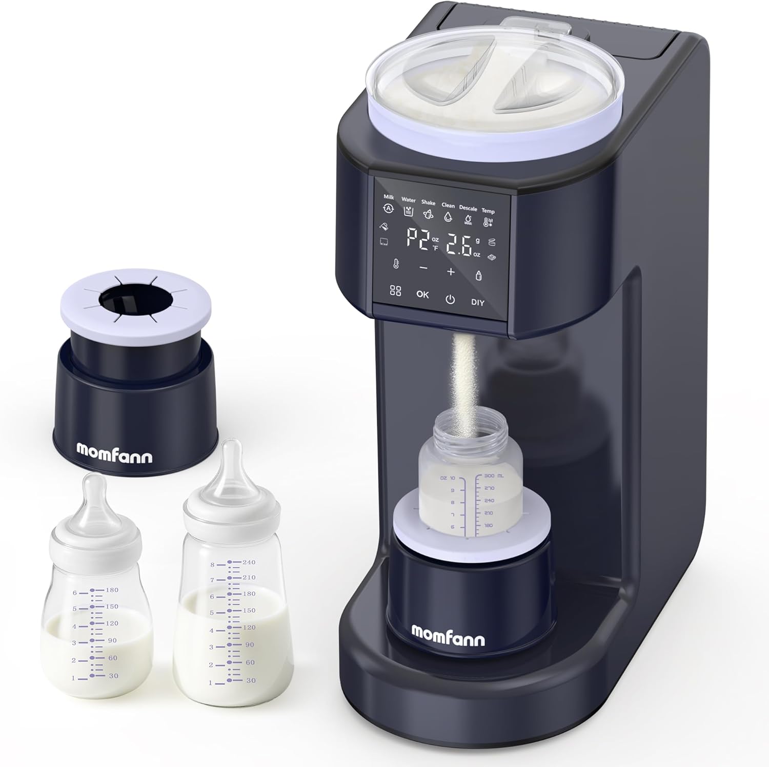 Momfann Automatic Baby Formula Maker front view in black featuring digital display screen