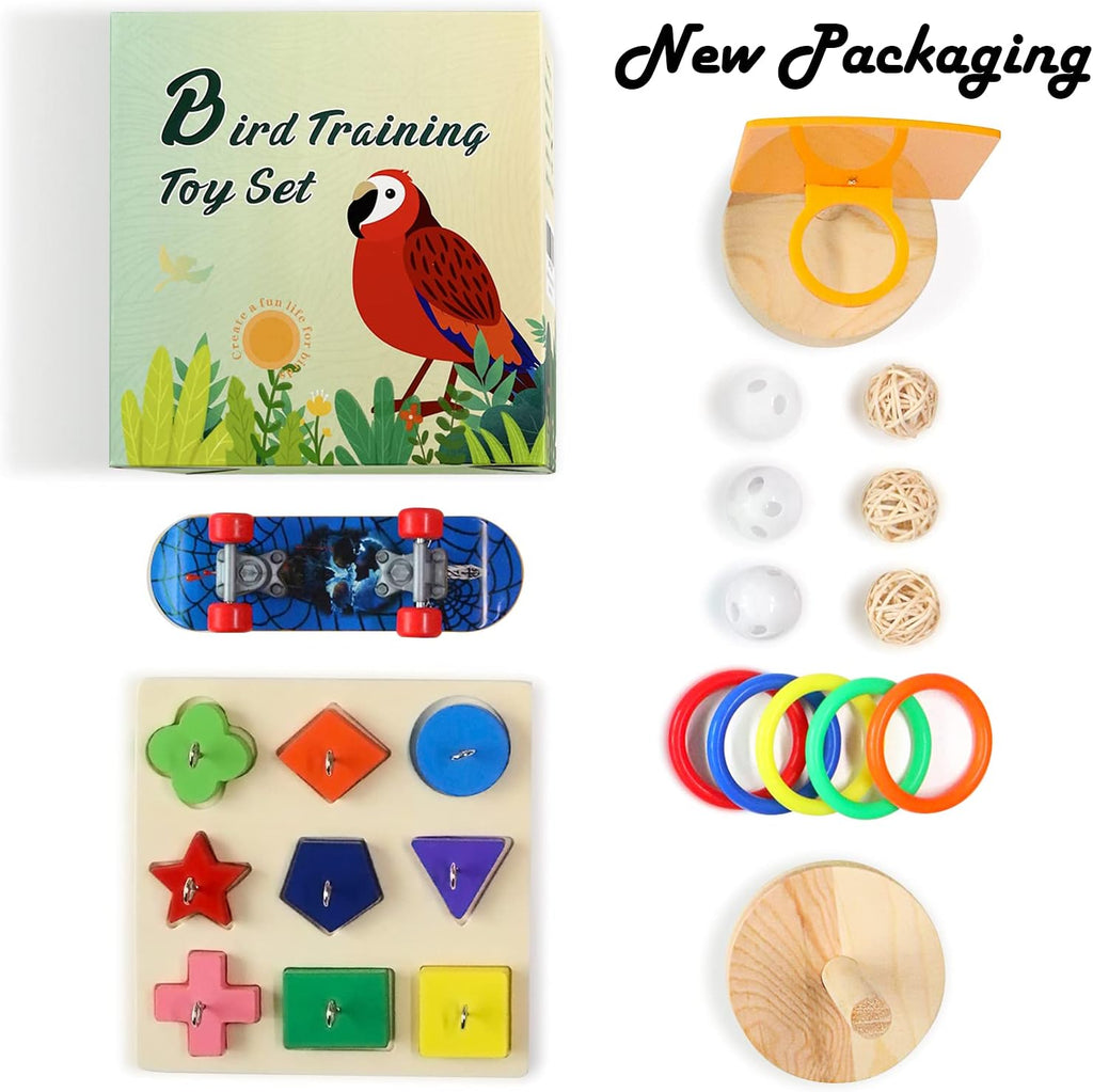 Complete multi-piece entertainment kit arranged for small parrots