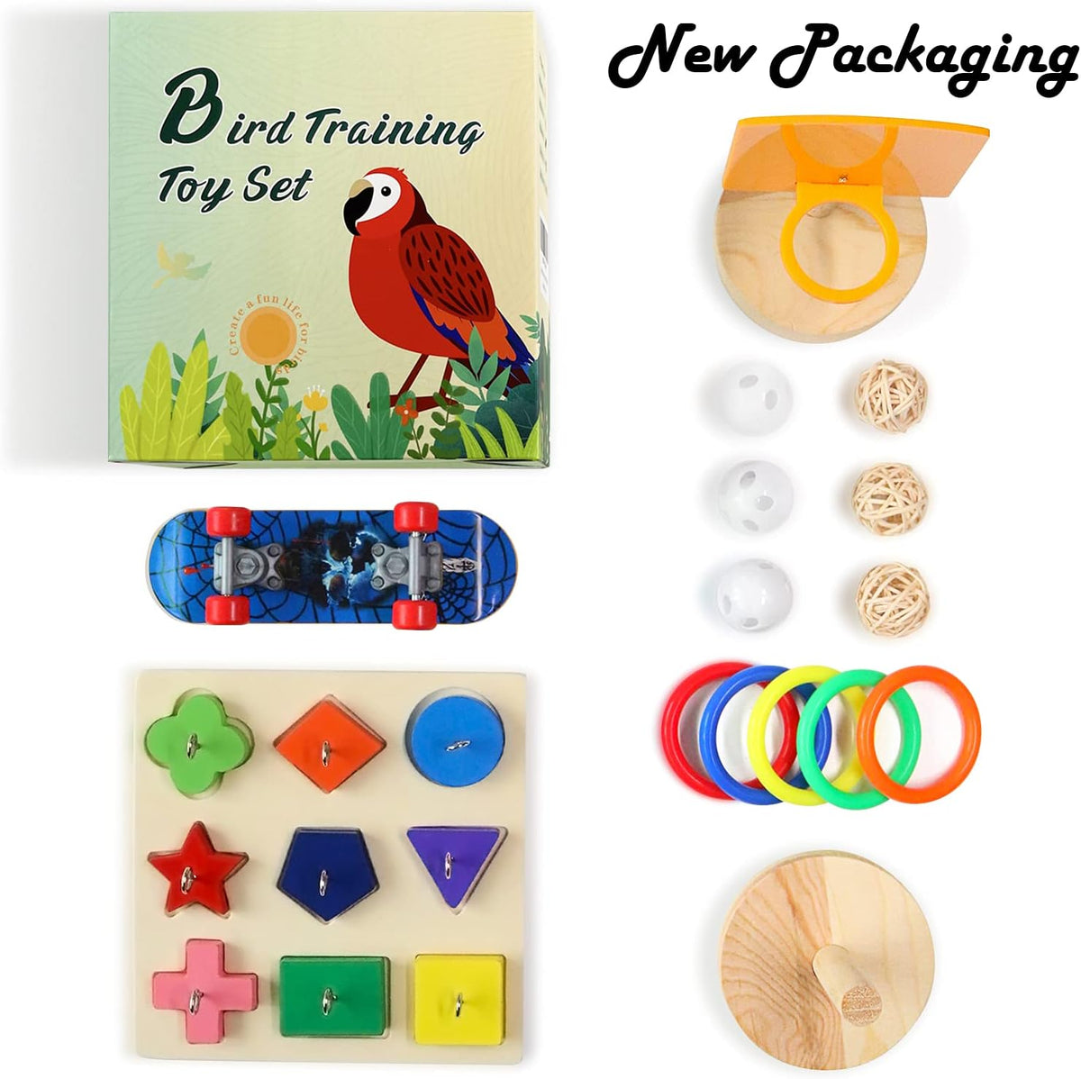 Complete multi-piece entertainment kit arranged for small parrots