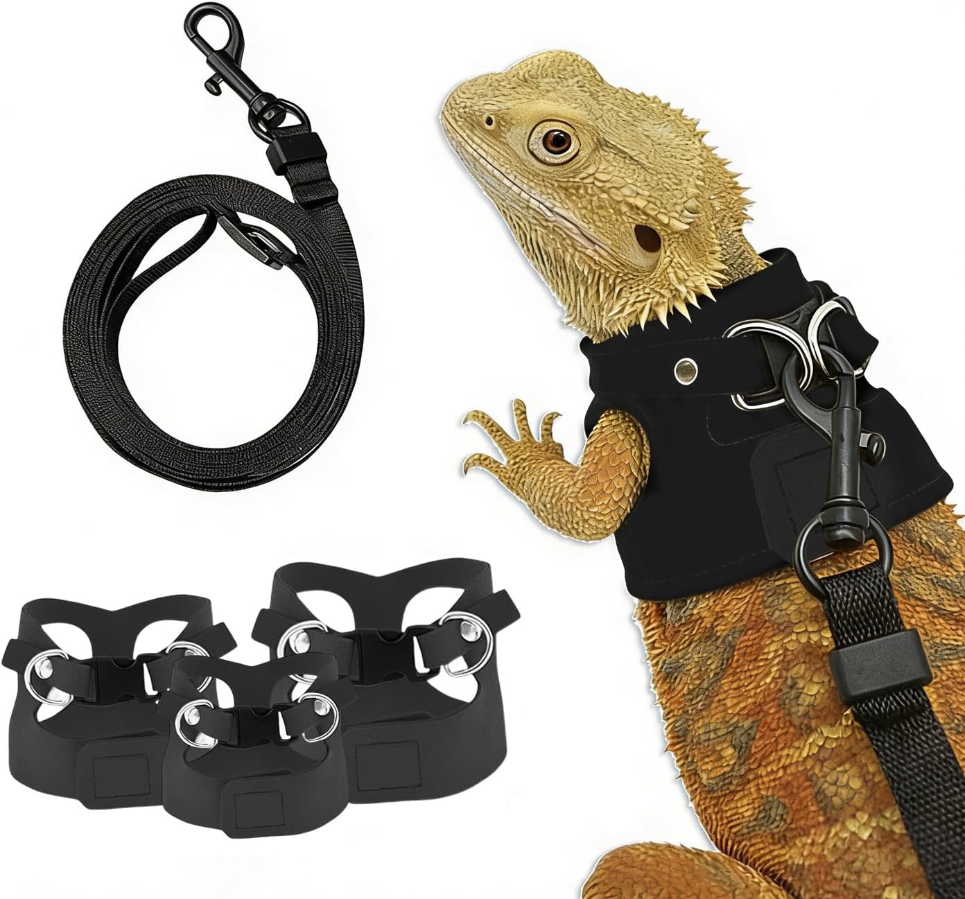 FurryShell adjustable bearded dragon harness and leash set front view black escape proof reptile walking accessory.