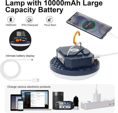 Iodoo 10000mAh portable light illuminating an outdoor campsite with 3000 lumen white floodlight.