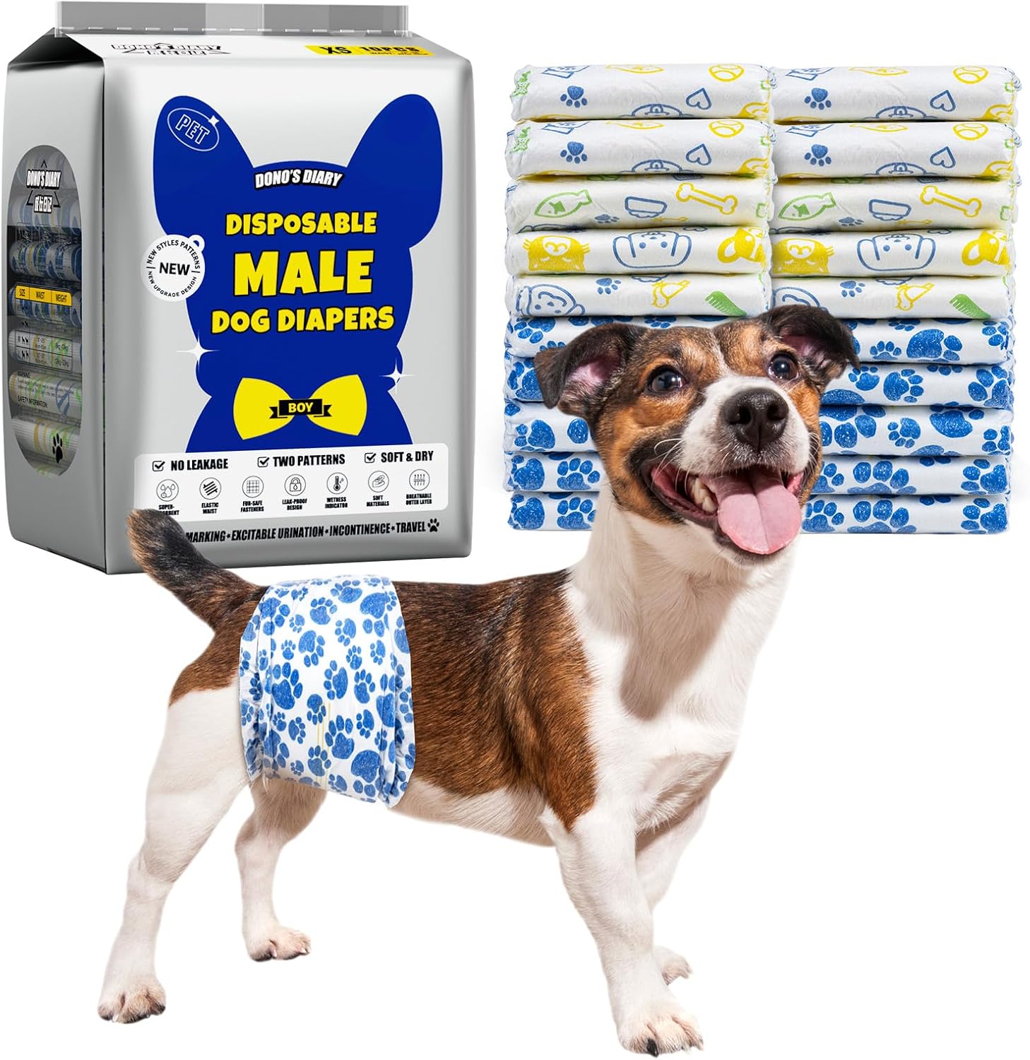 Dono male dog belly bands laid out flat showing the soft fabric and elastic waistband structure