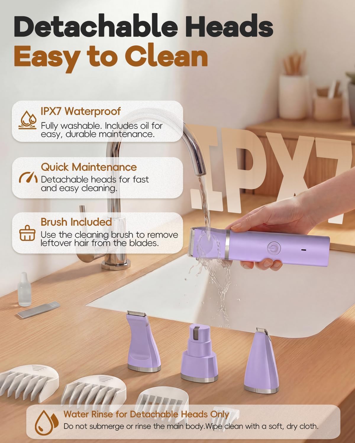 Veeconn electric pet grooming kit showing the USB charging cable and cleaning brush accessories.