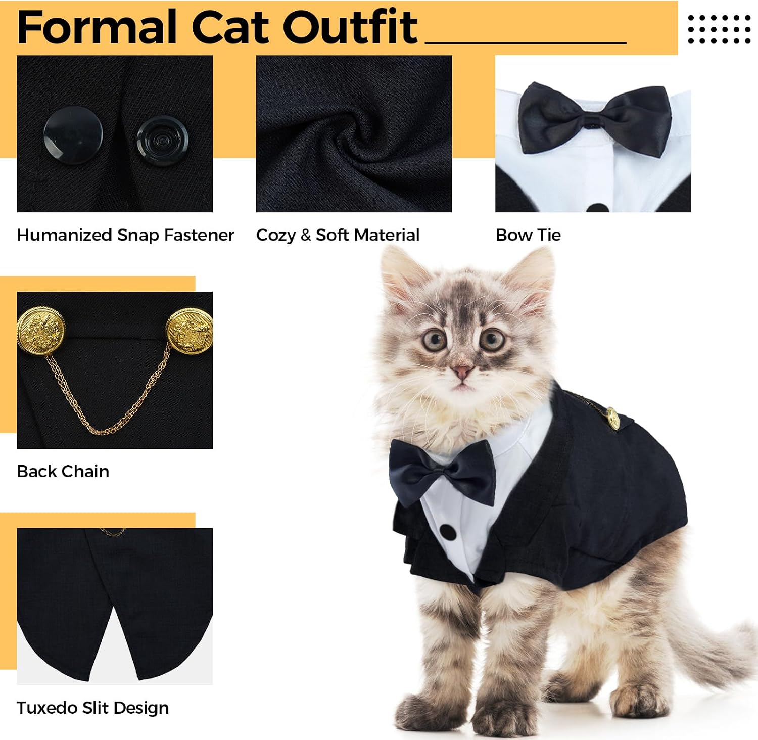 Rear view of cat tuxedo showing decorative buttons