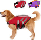 LeLePet dog life jacket front view in red color showing the reflective stripes and secure chest straps.