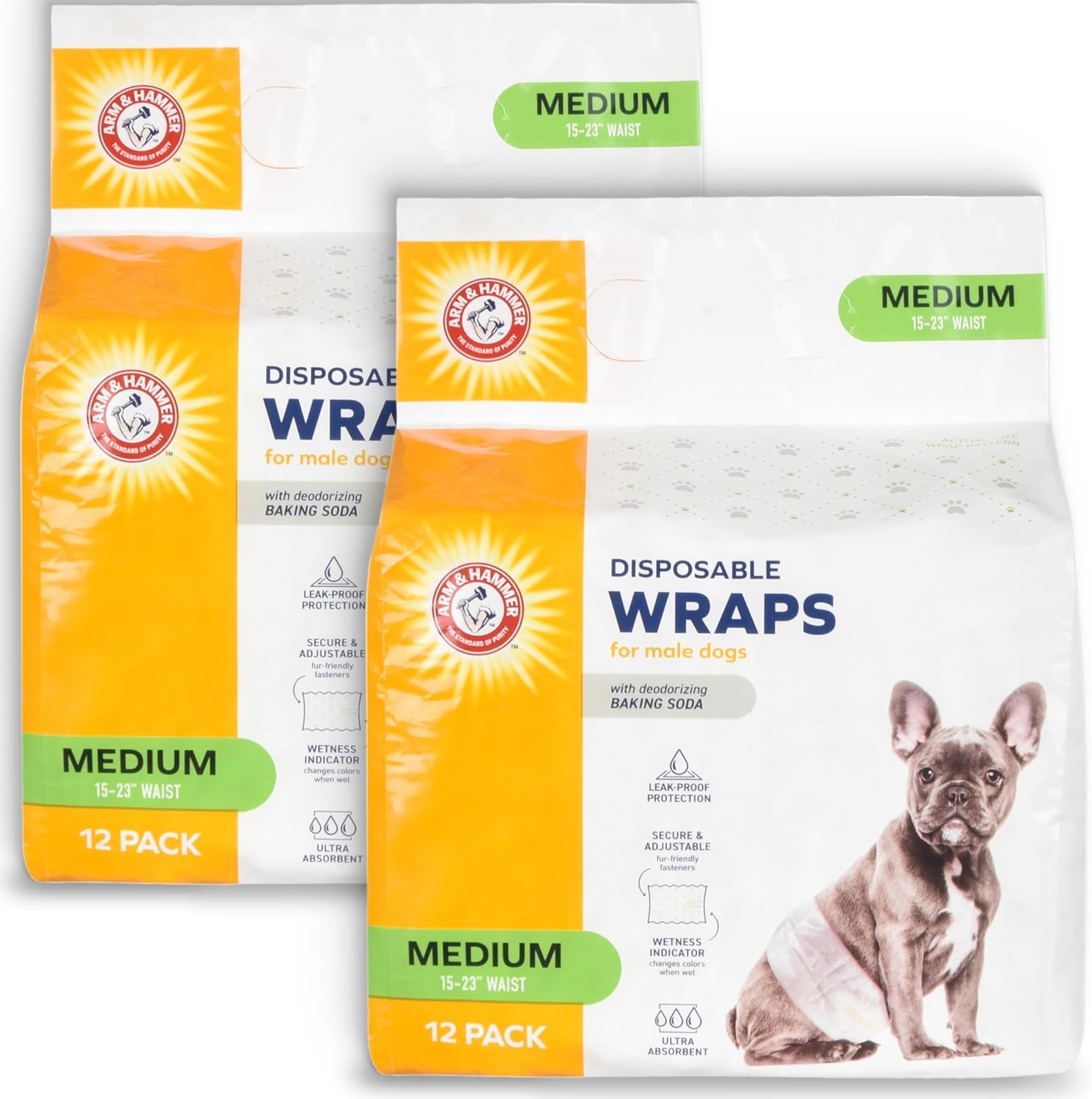 Packaging details of the imported dog wraps illustrating the nine to fourteen inch waist size guide