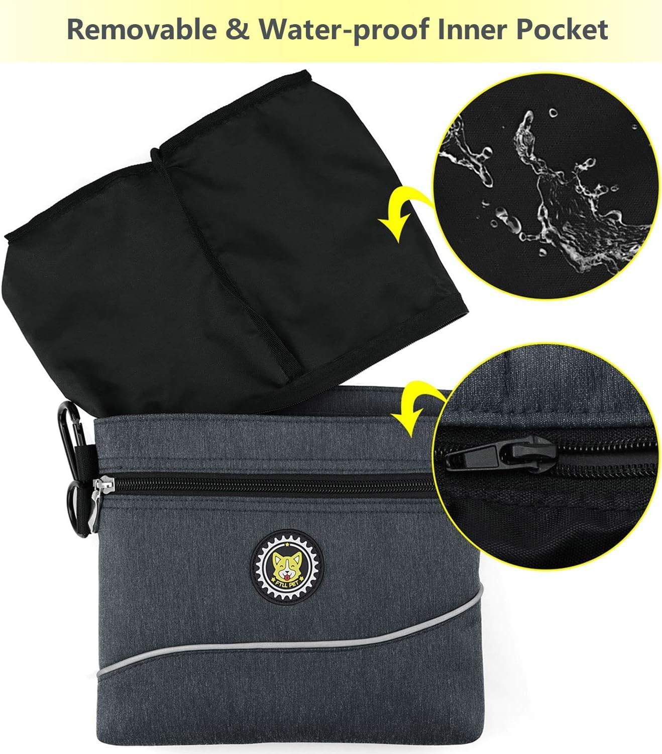 Viklluyr dog food carrier displaying the removable inner pocket unzipped