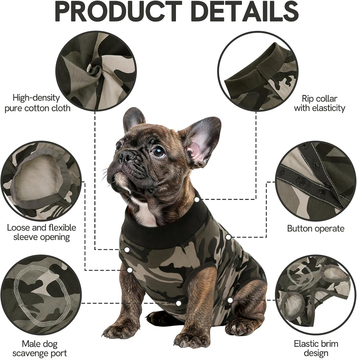 SAWMONG post surgery pet bodysuit showcasing the adjustable rear row button closure system.