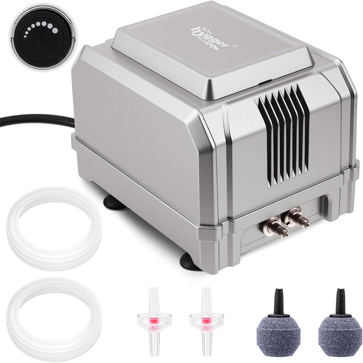Hygger 5W aquarium air pump front view showing dual outlets