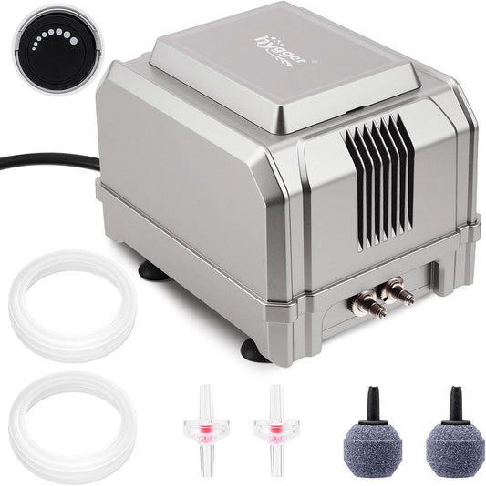 Hygger 5W aquarium air pump front view showing dual outlets
