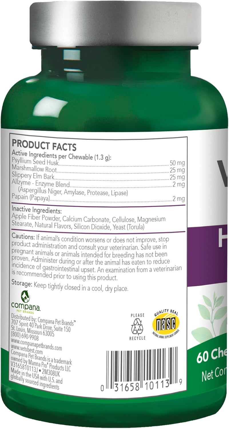 Close up of Vet's Best veterinarian formulated hairball support remedy container detailing plant based active ingredients