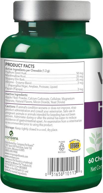 Close up of Vet's Best veterinarian formulated hairball support remedy container detailing plant based active ingredients