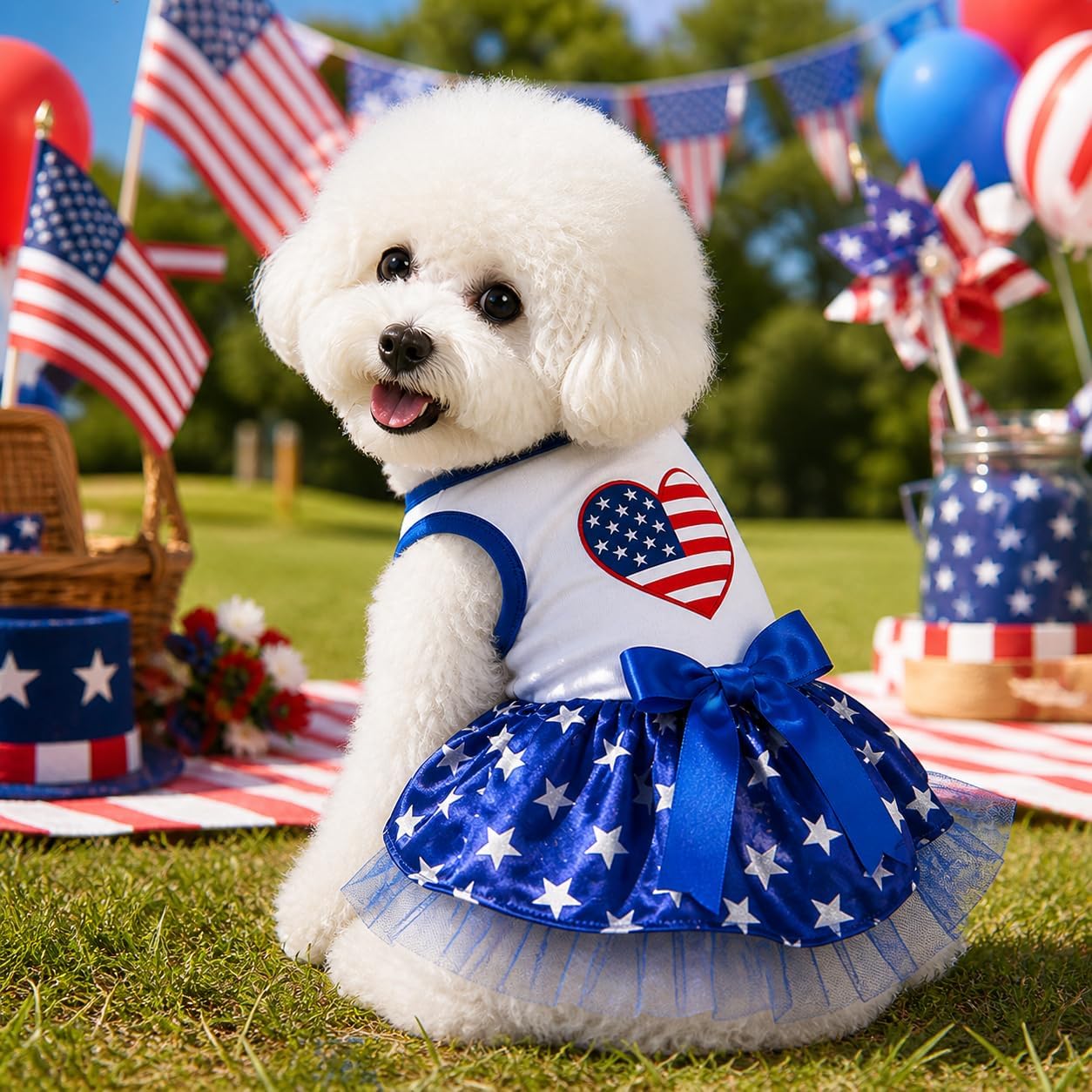 Back view of the Petitebella independence day pet dress on a small white dog.