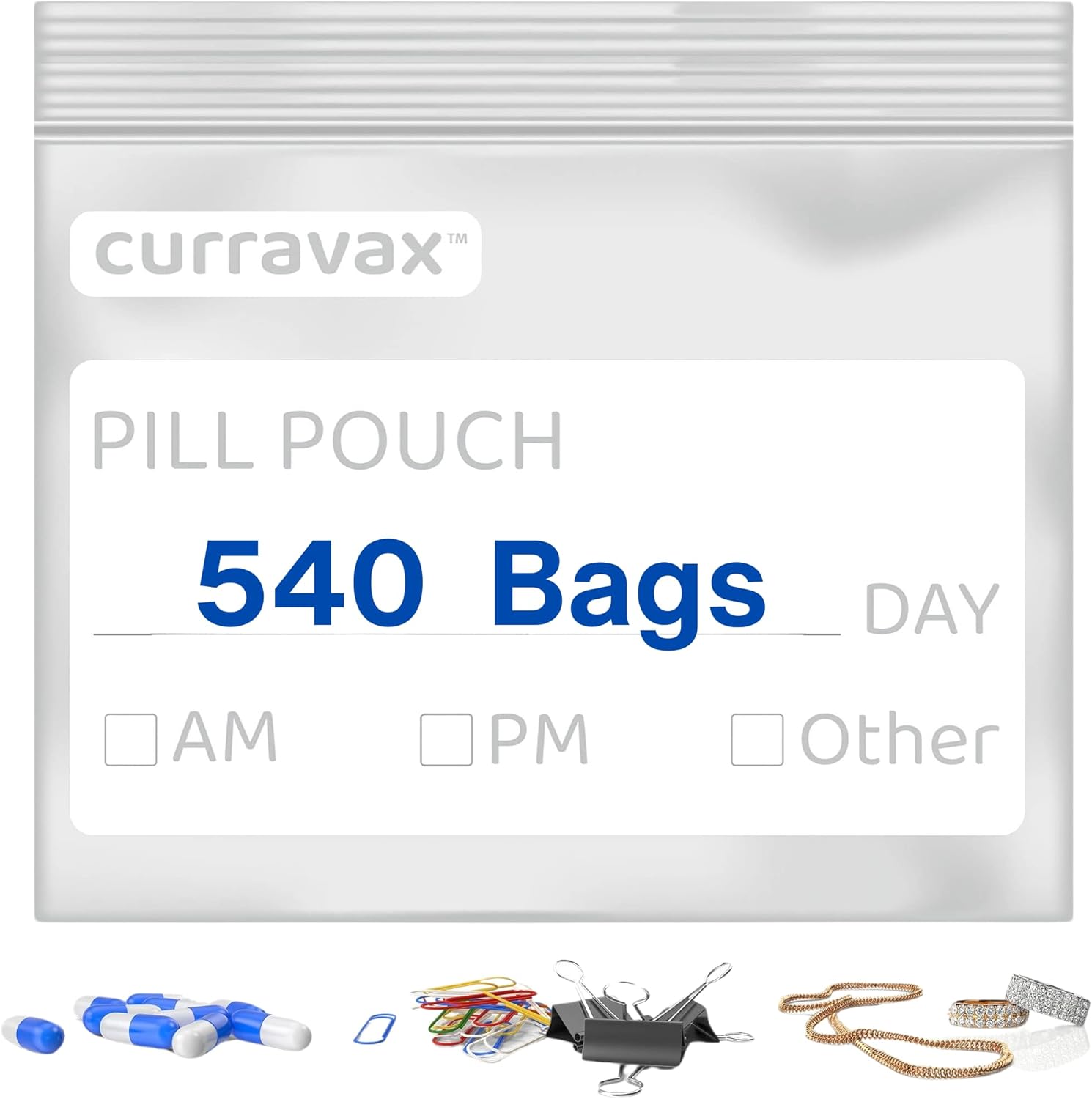 Curravax travel pill bags pack of 540 front view showing clear plastic design and white write on label.