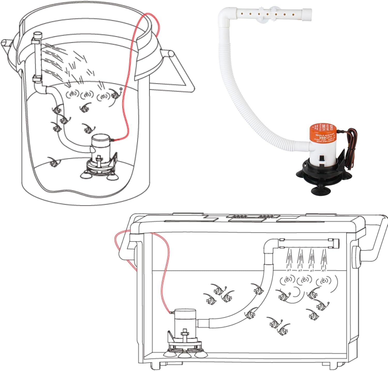 Seaflo 350 GPH aerator kit components and hosepipe