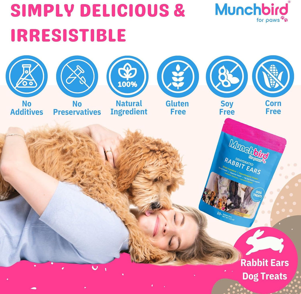 Dog chewing on Munchbird natural rabbit ear treat