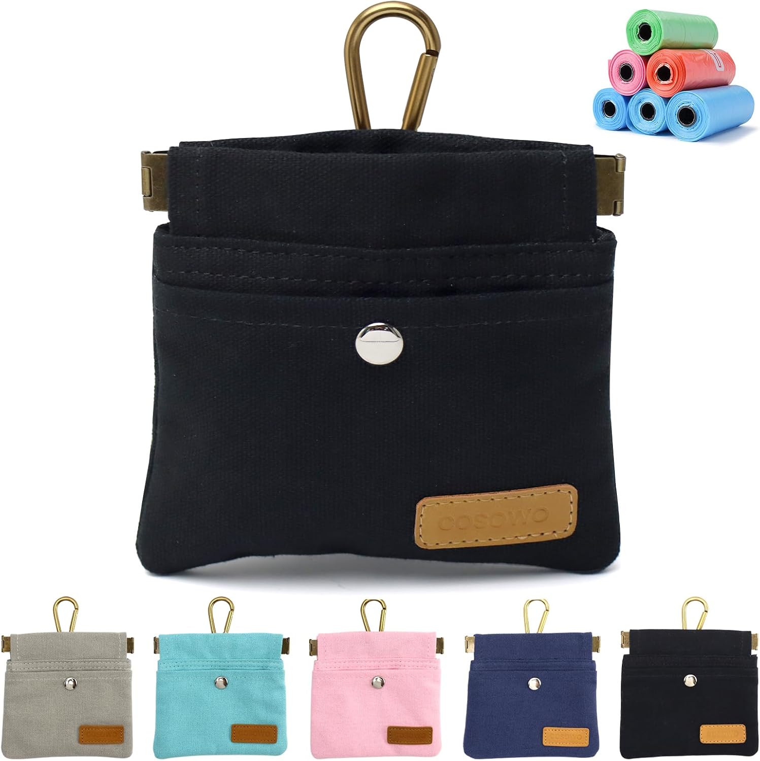 Cosowo dog treat pouch front view showing black canvas material and magnetic buckle closure