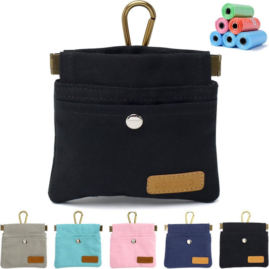Cosowo dog treat pouch front view showing black canvas material and magnetic buckle closure