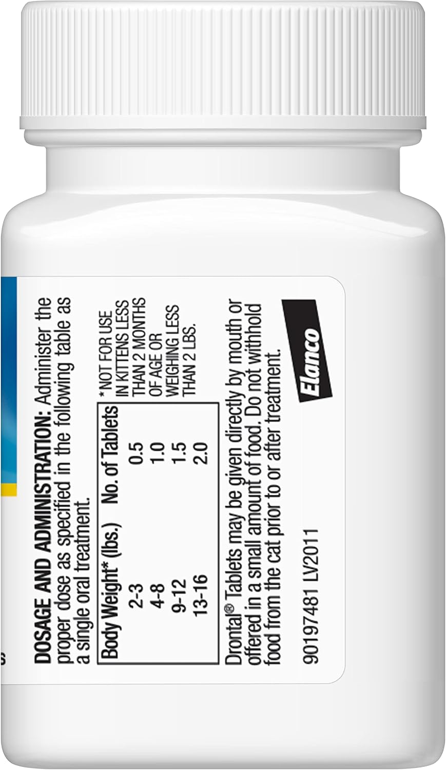 Elanco Drontal 50 tablet dewormer bottle side profile and branding