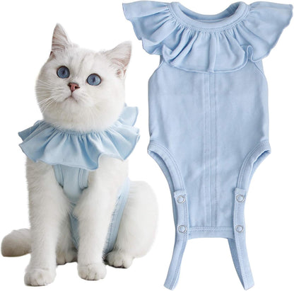 Kukaster Pet cat recovery suit blue medium front view on a female kitten.