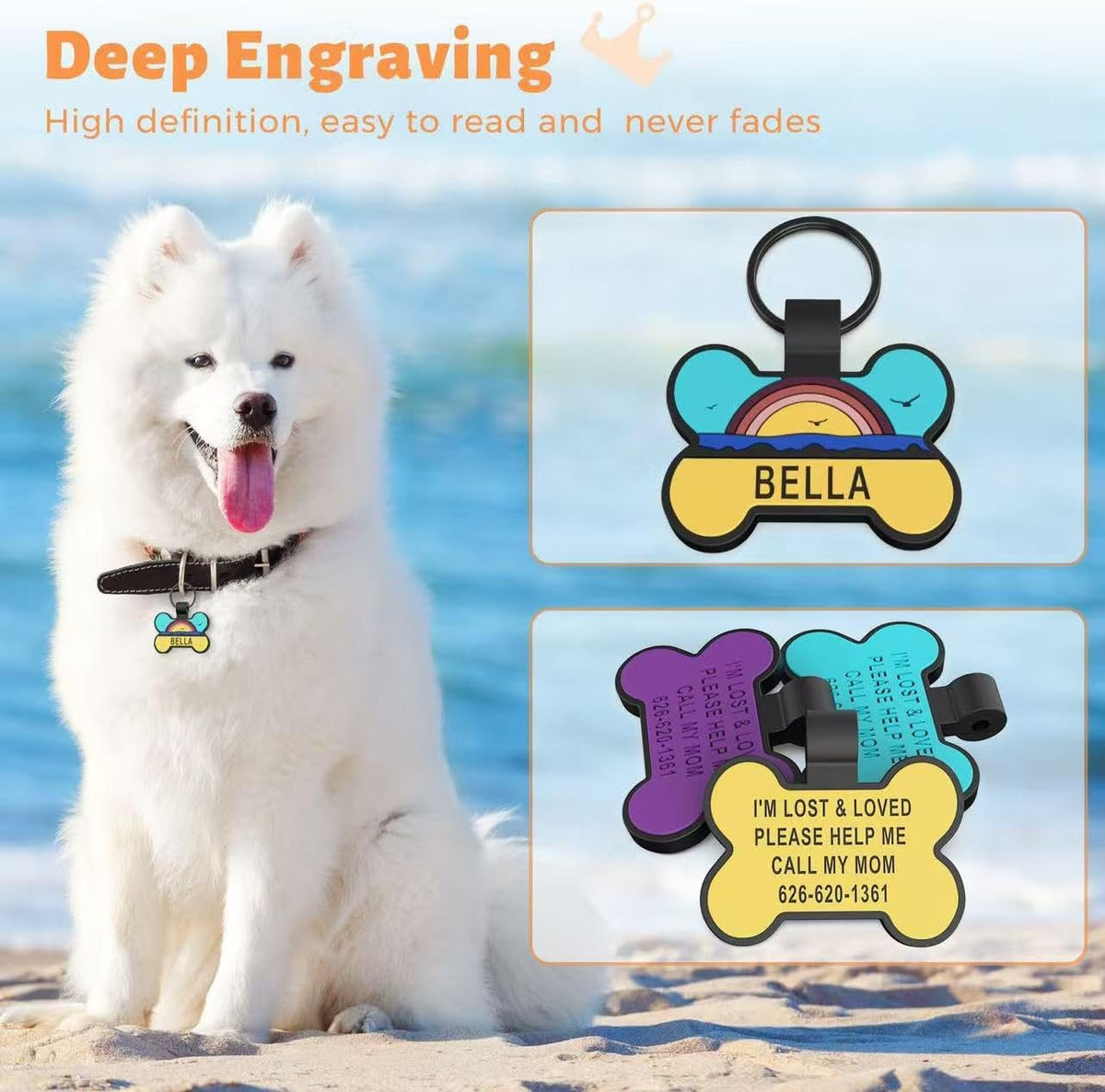 Waterproof non toxic silicone dog tag attached to a collar