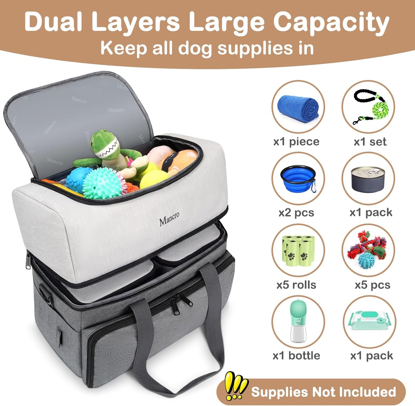 Mancro pet tote organizer showing top and bottom storage compartments open