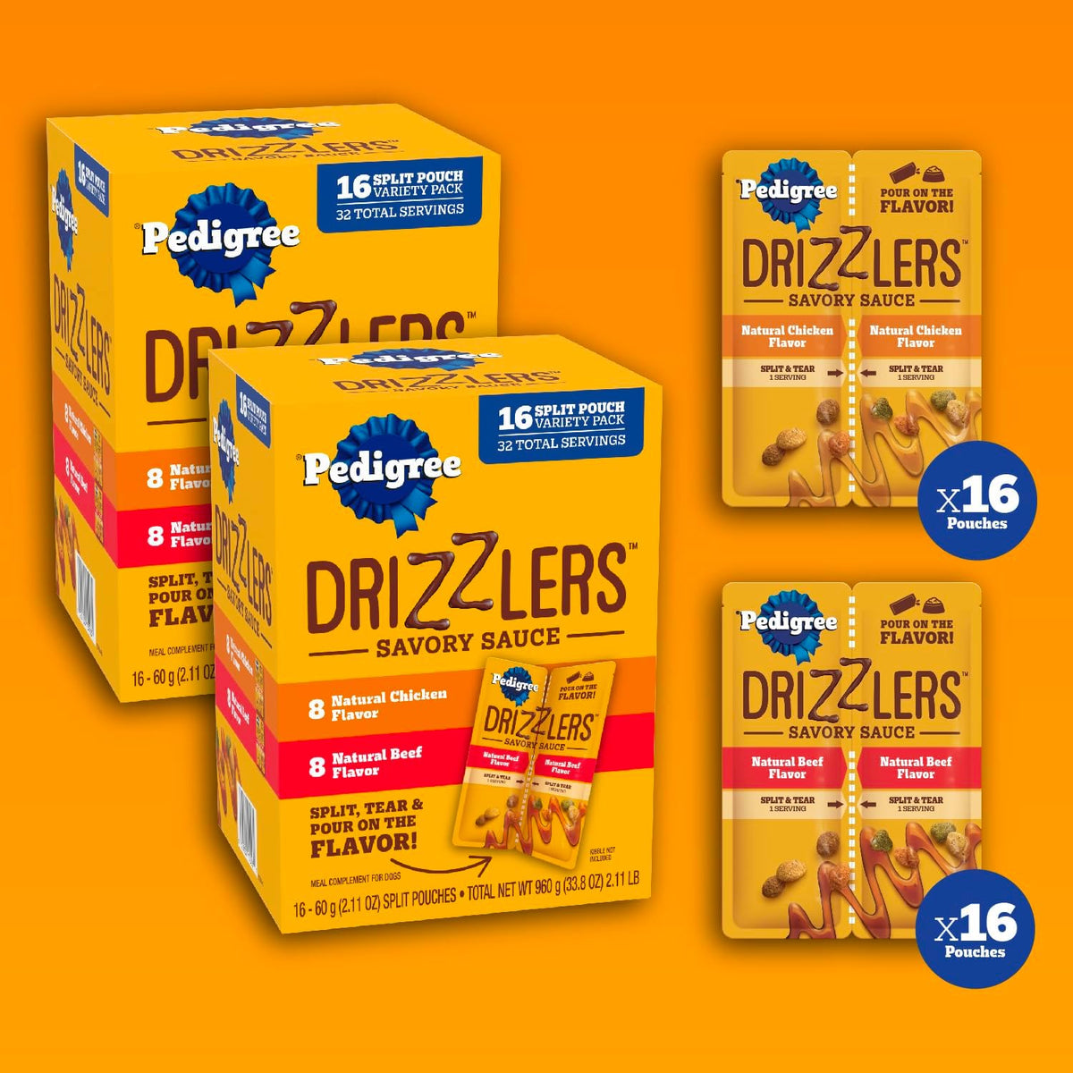Pedigree Drizzlers dog food topper dual serving pouch split design close up packaging view.