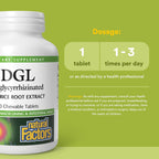 Side view of Natural Factors DGL gut health tablets showing non GMO and gluten free certifications.