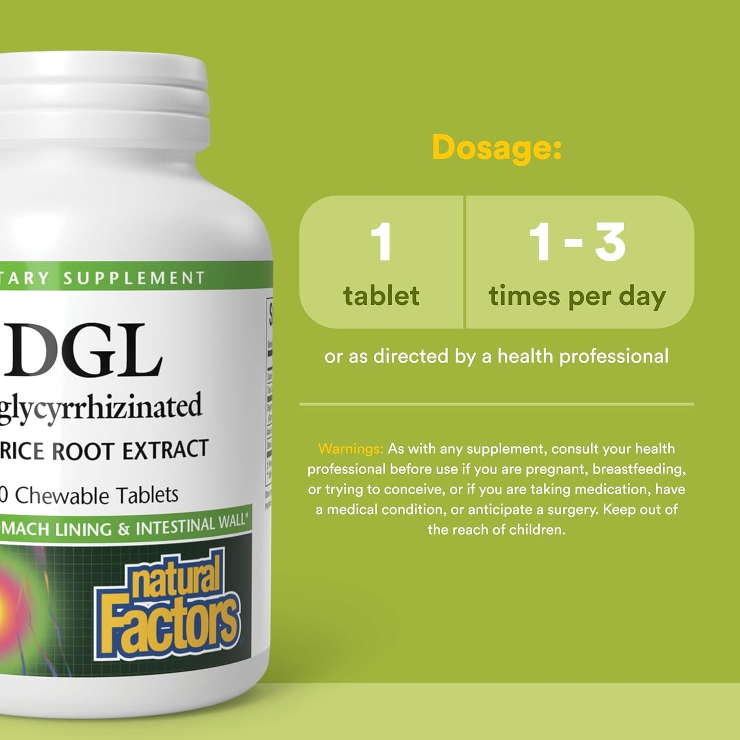 Side view of Natural Factors DGL gut health tablets showing non GMO and gluten free certifications.