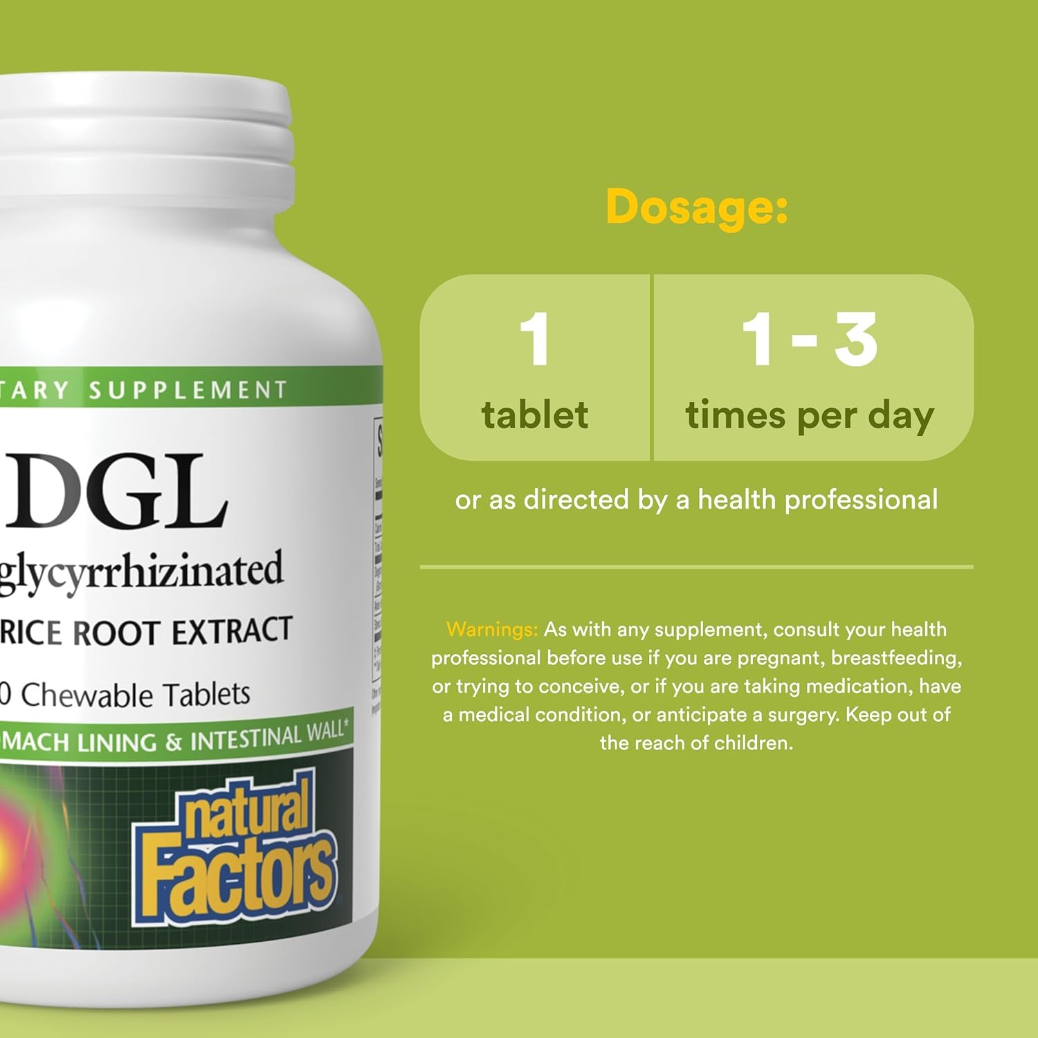 Side view of Natural Factors DGL gut health tablets showing non GMO and gluten free certifications.