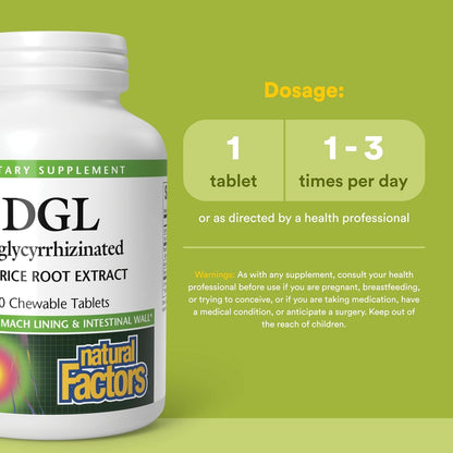 Side view of Natural Factors DGL gut health tablets showing non GMO and gluten free certifications.