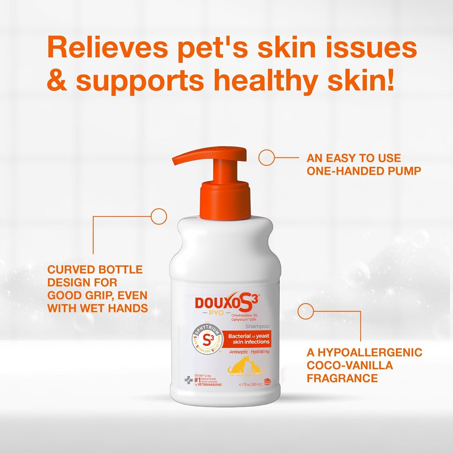 Top view of Douxo S3 Pyo shampoo dispenser pump