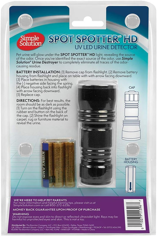 Simple Solution pet stain locator packaging and included AAA batteries
