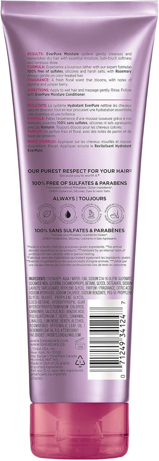 L'Oral Paris Moisture Sulfate Free Shampoo, Hair Care for Color-Treated Hair with Rosemary Botanicals, EverPure, 8.5 Fl Oz - Image 10