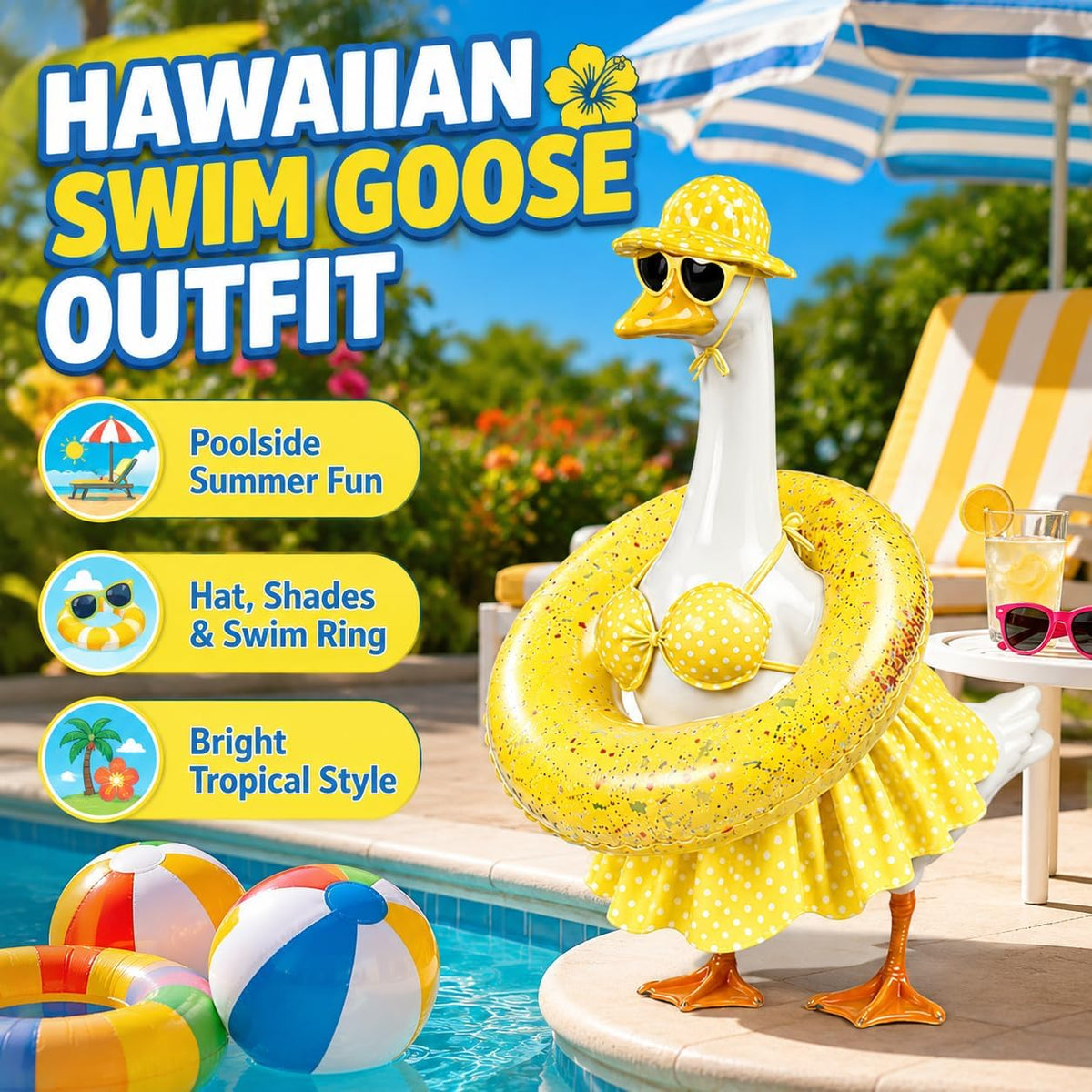 Bailiyake Hawaiian swimming goose clothing set with miniature summer accessories.