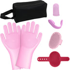 7 PCS Pet Grooming Kit for Dogs and Cats | Dog Washing Gloves | Dog Bath Brush | Cleanroom Gloves | Dog Shampoo Brush | Finger Toothbrushes | Storage Bag | All-in-One Pet Care (Pink) - Image 9