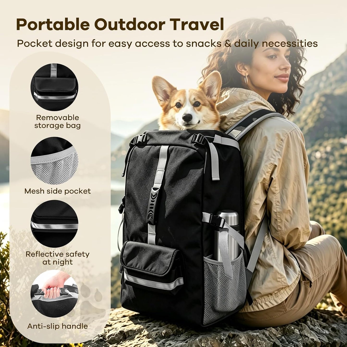 ZIPOWEY small to medium dog carrier bag emphasizing the high-bright reflective safety strips designed for night walking visibility.